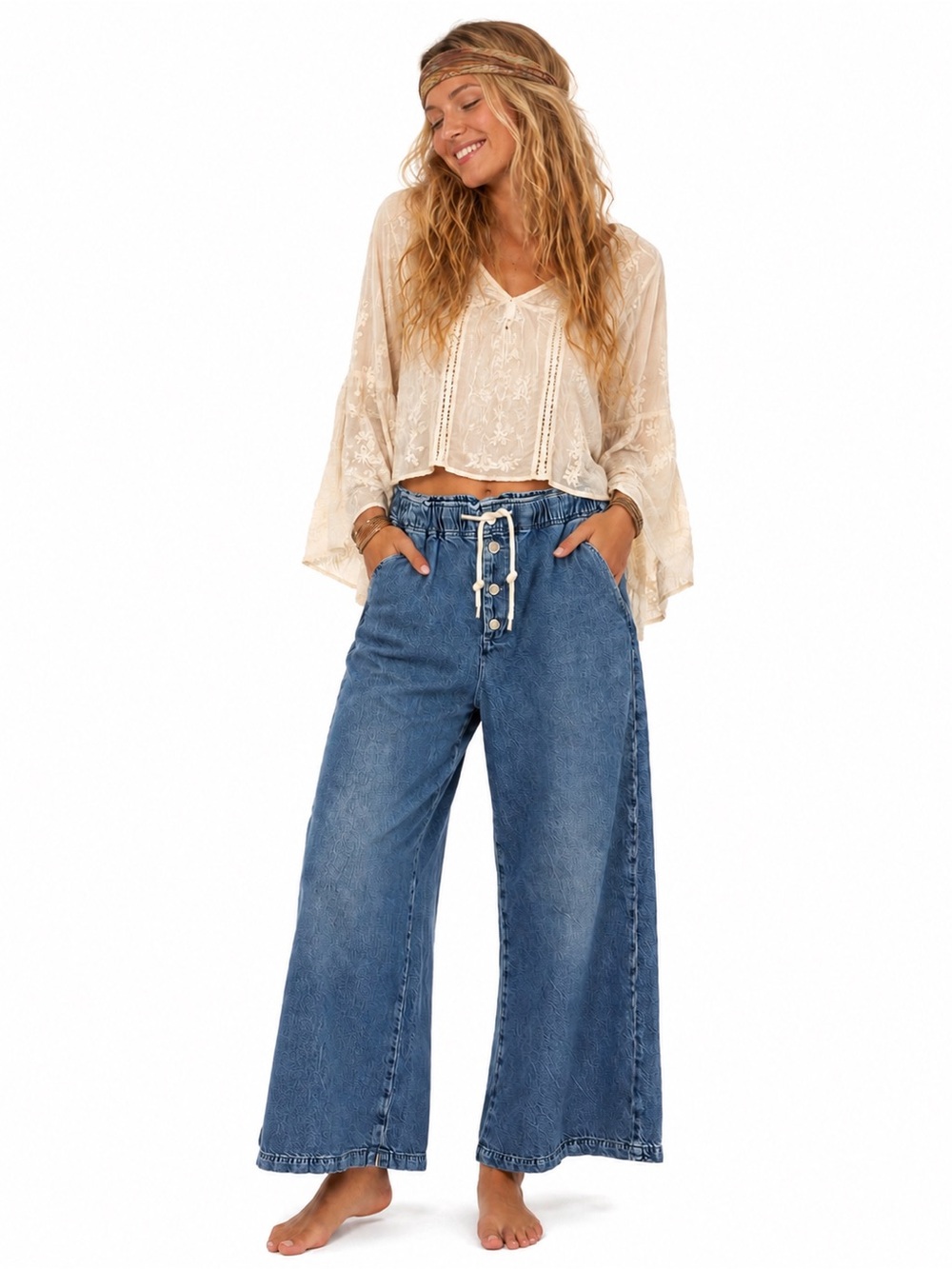 Pilcro Wide-Leg Drawstring Jeans in Blue Denim